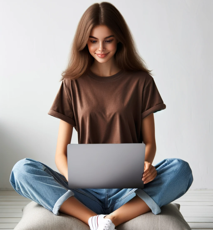 portrait of a young woman sitting cross-legged on a comfortable grey cushion, using a laptop. She is wearing a casual brown t-shirt and li